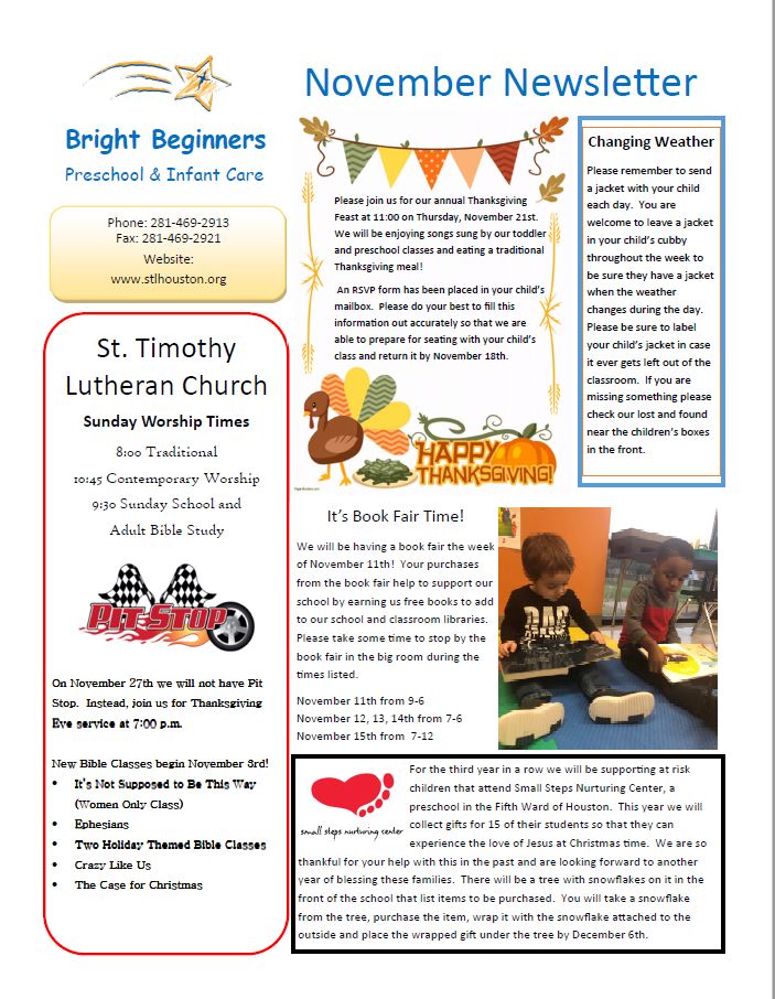Bright Beginners newsletter - St. Timothy Lutheran Church